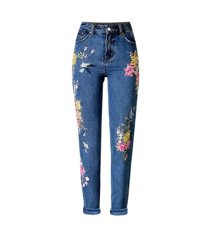 High Quality Women Flower Embroideried High-waisted Straight Jeans