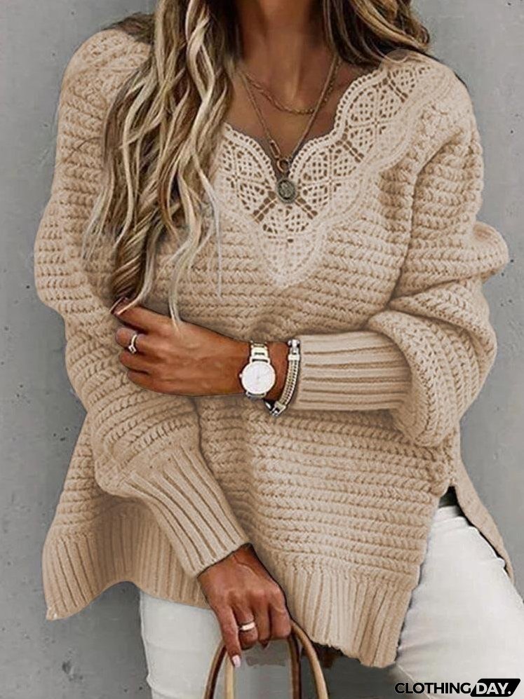 Women's Sweaters Lace Stitching V-Neck Long Sleeve Sweater