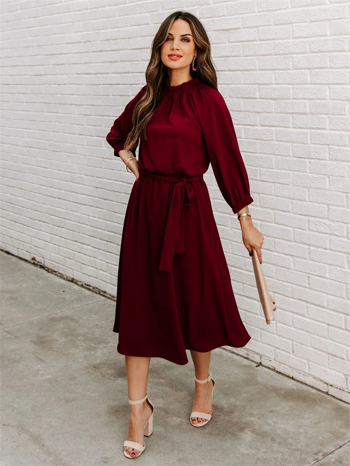 Women's Round Neck Waist Solid Color Dress