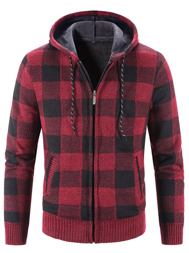 Men's Plaid Color Matching Hooded Loose Long Sleeve Sweater Coat -vasmok