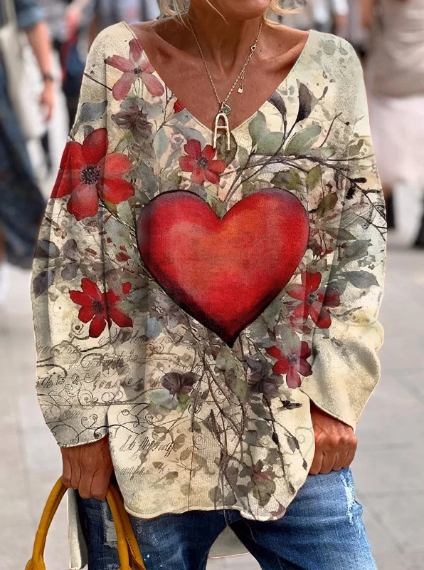 Retro Valentine's Day Floral Heart Print V-neck Top