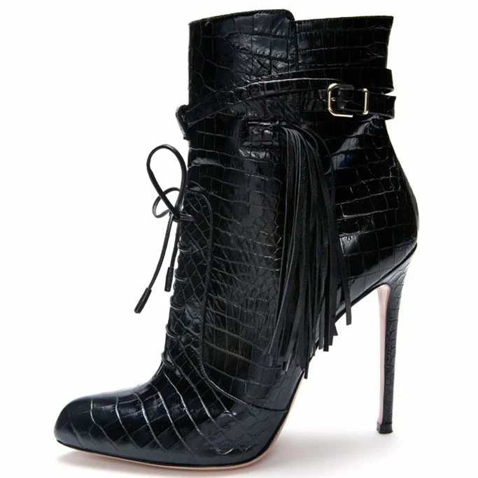 Black Fringe Lace-up Lizard Buckle Ankle Boots Vdcoo