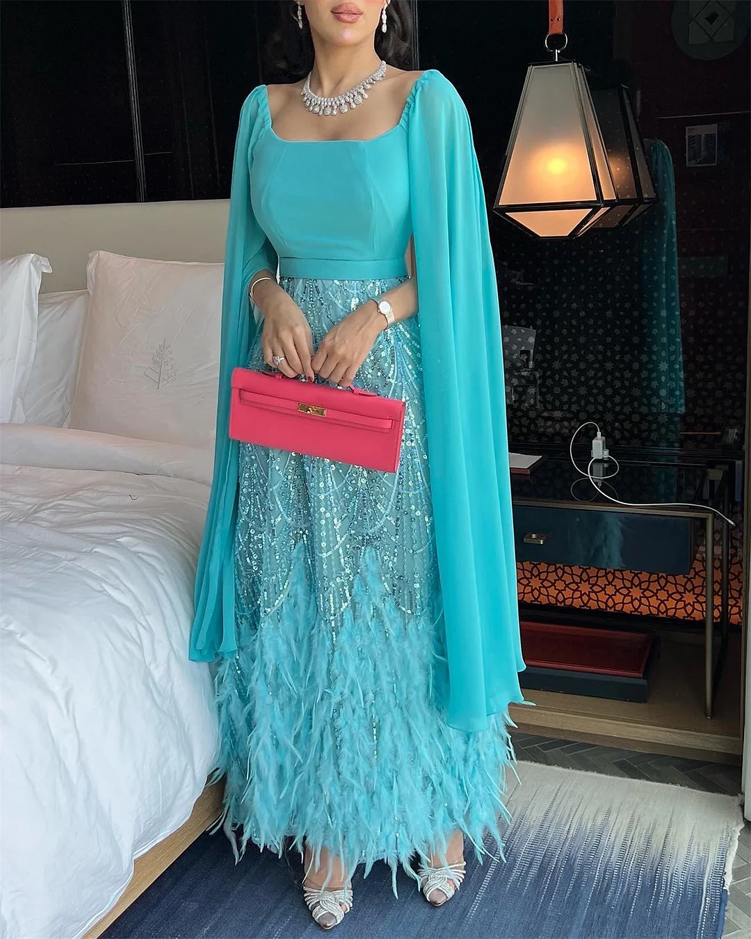 Women's Blue Shawl Sequined Feather Dress - 01