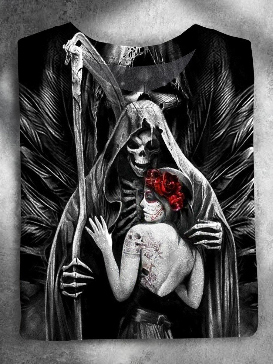 Grim Reaper and Beauty Wings Halloween Casual Print T-shirt