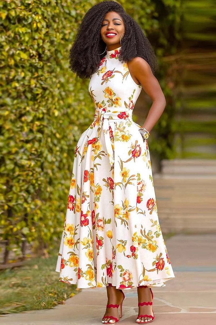 High Neck Sleeveless Floral Print A-Line Vacation Maxi Dress