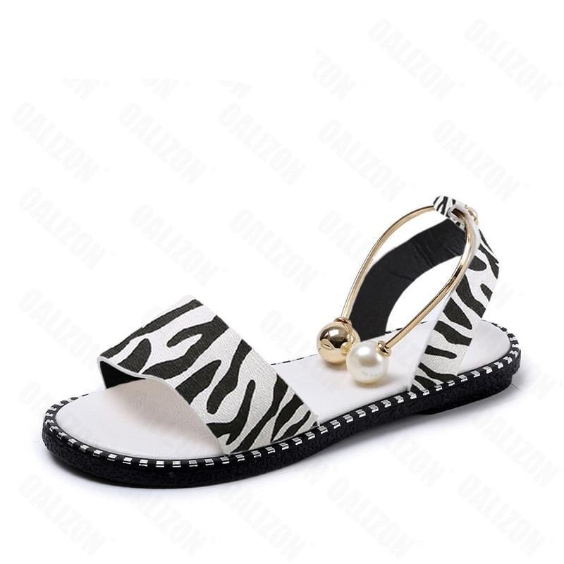 Flat Sandals Pearls Beaded Zebra Stripe Slingback Sandals