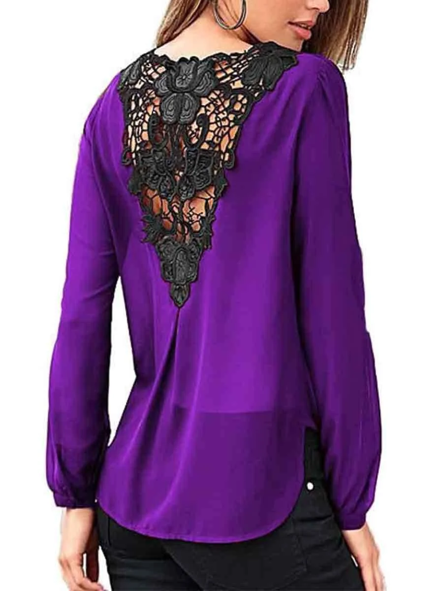 Cross V-Neck Lace Back Long Sleeves Blouse