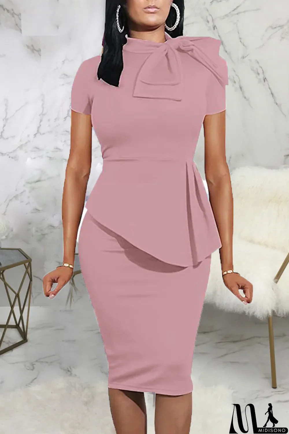MidiSono - Pink Casual Solid Patchwork Asymmetrical With Bow O Neck One Step Skirt Dresses
