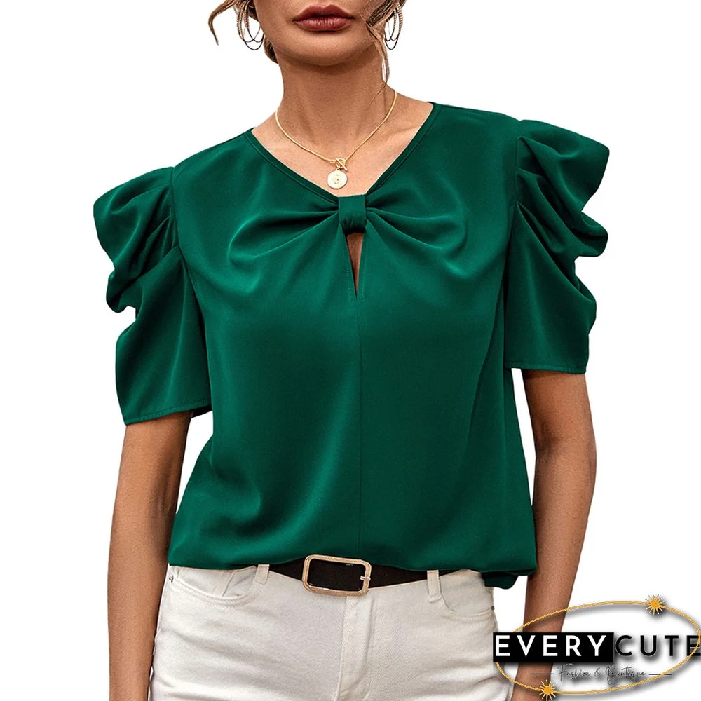 Green Twist Keyhole Puff Short Sleeve Tops