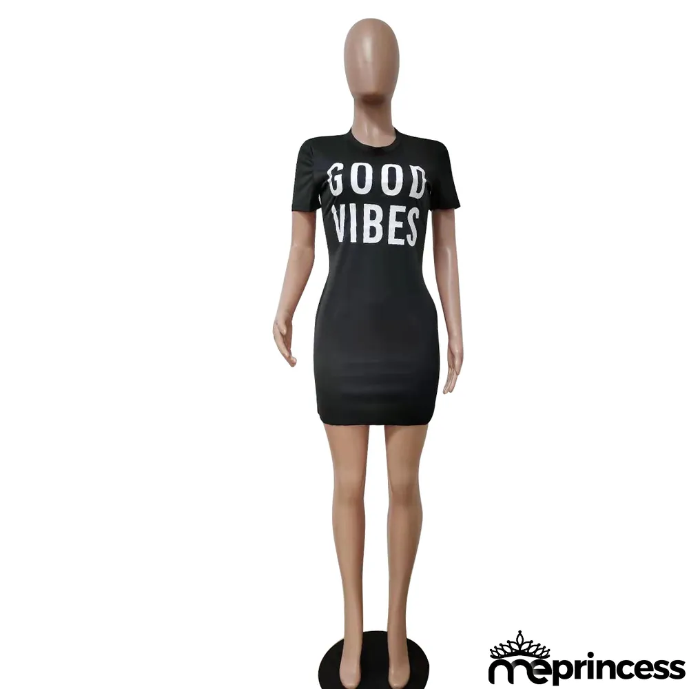 Summer Women Sexy Letter Round Neck Print Dress
