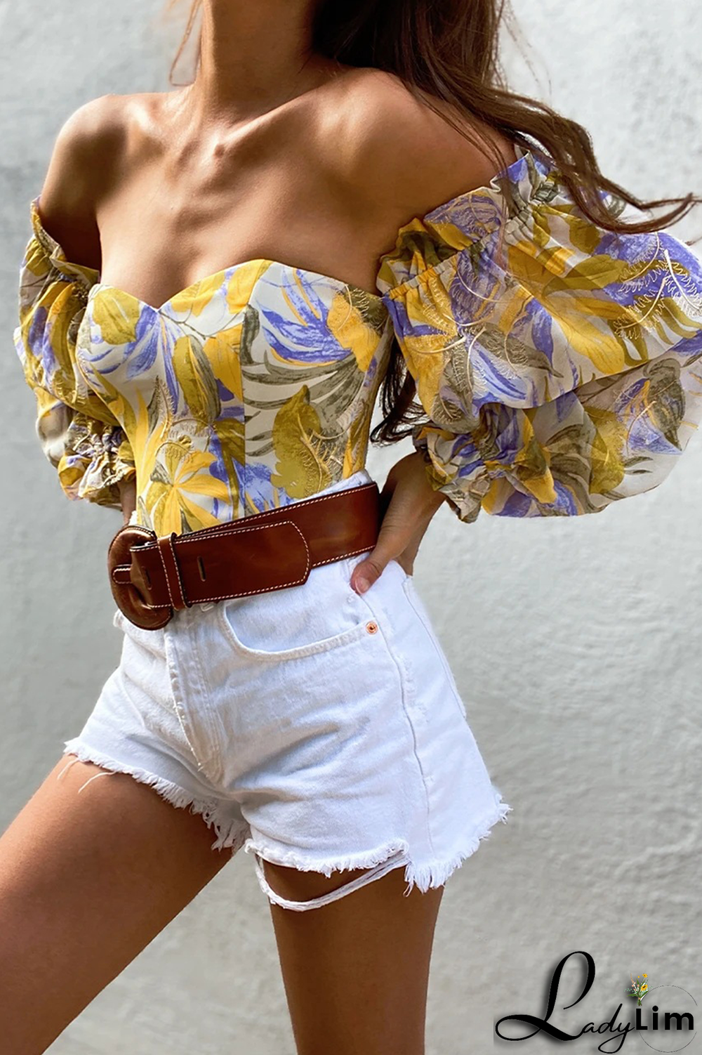 Khaki Fashion Print Patchwork Off the Shoulder Tops