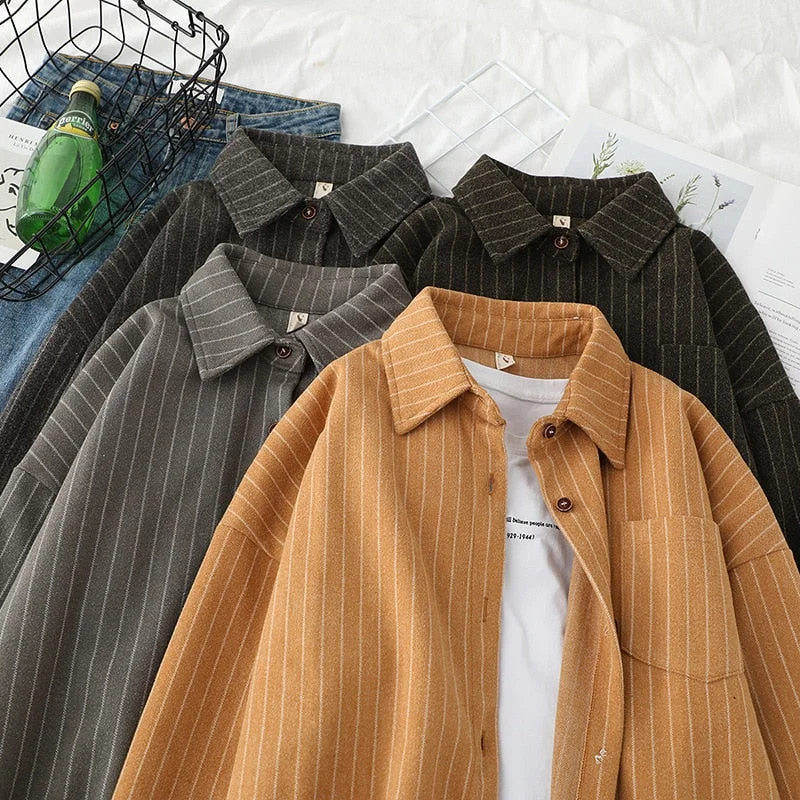 Woolen Striped Shirts Women Blouses And Tops Long Sleeve Female Clothes Outwear Loose New Arrival Yellow Grey