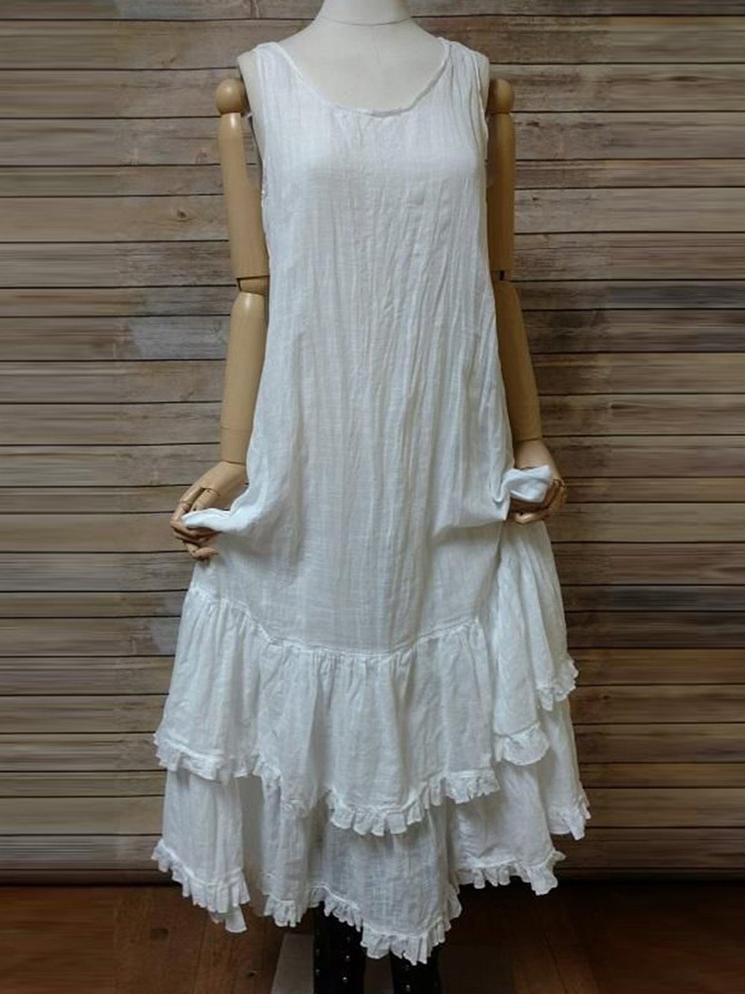 White Plain Casual Sleeveless Round Neck Casual Dress White Dresses Linen