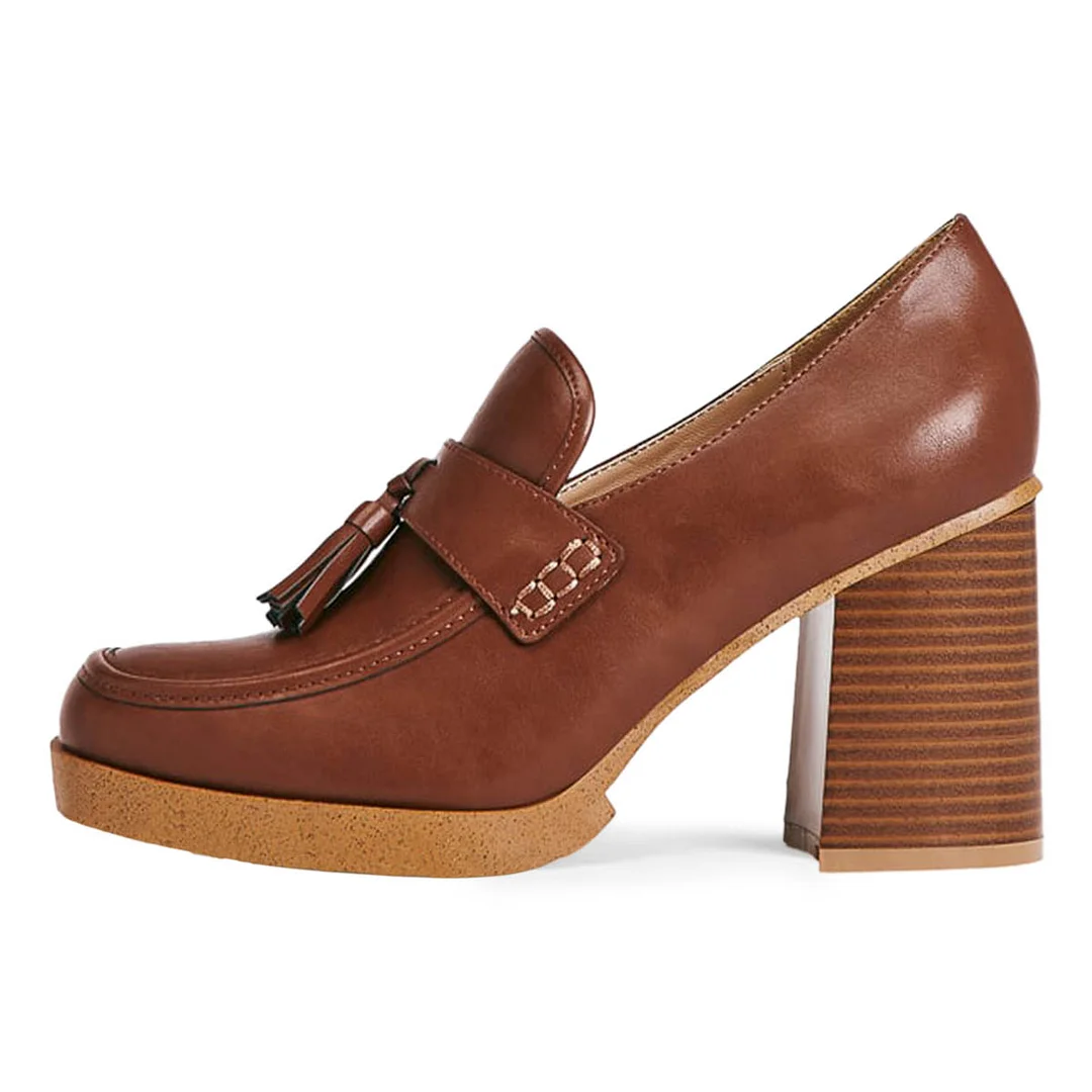 Brown Round Toe Tassels Chunky Heel Office Loafer Shoes Women