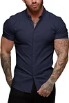 URRU Men's Muscle Dress Shirts Slim Fit Stretch Short Sleeve Casual Button Down Shirts for Men