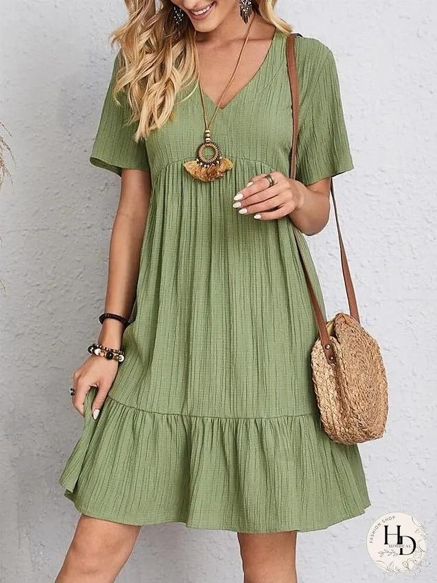 Casual Dress Shift Dress Plain Dress Plain Ruffle V Neck Midi Dress Basic Classic Outdoor Daily Short Sleeve Loose Fit Black Pink Red Spring Summer S M L XL XXL for Women