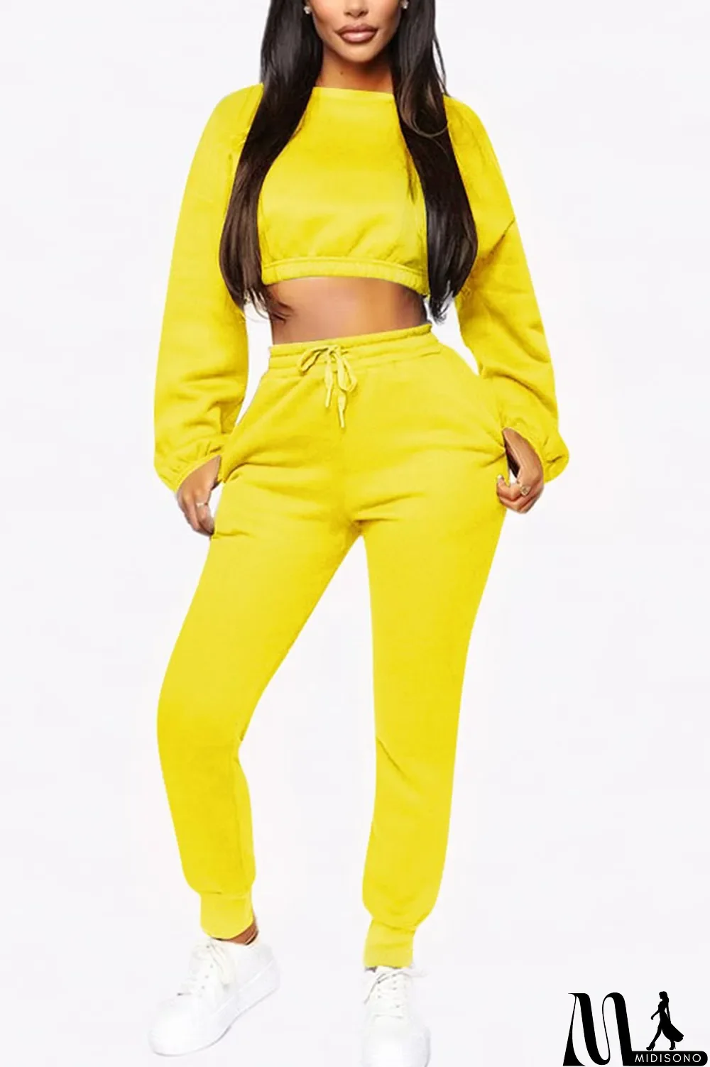 MidiSono - Yellow Polyester Casual Two Piece Suits Patchwork Solid Straight Long Sleeve Two-piece Pants Set