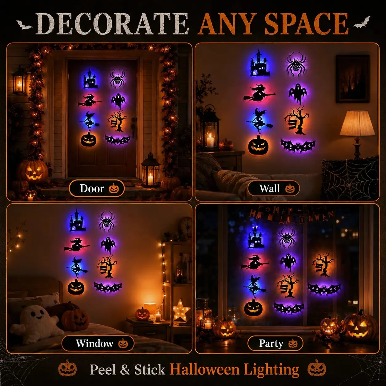 Glowing Halloween silhouettes arranged on a wall