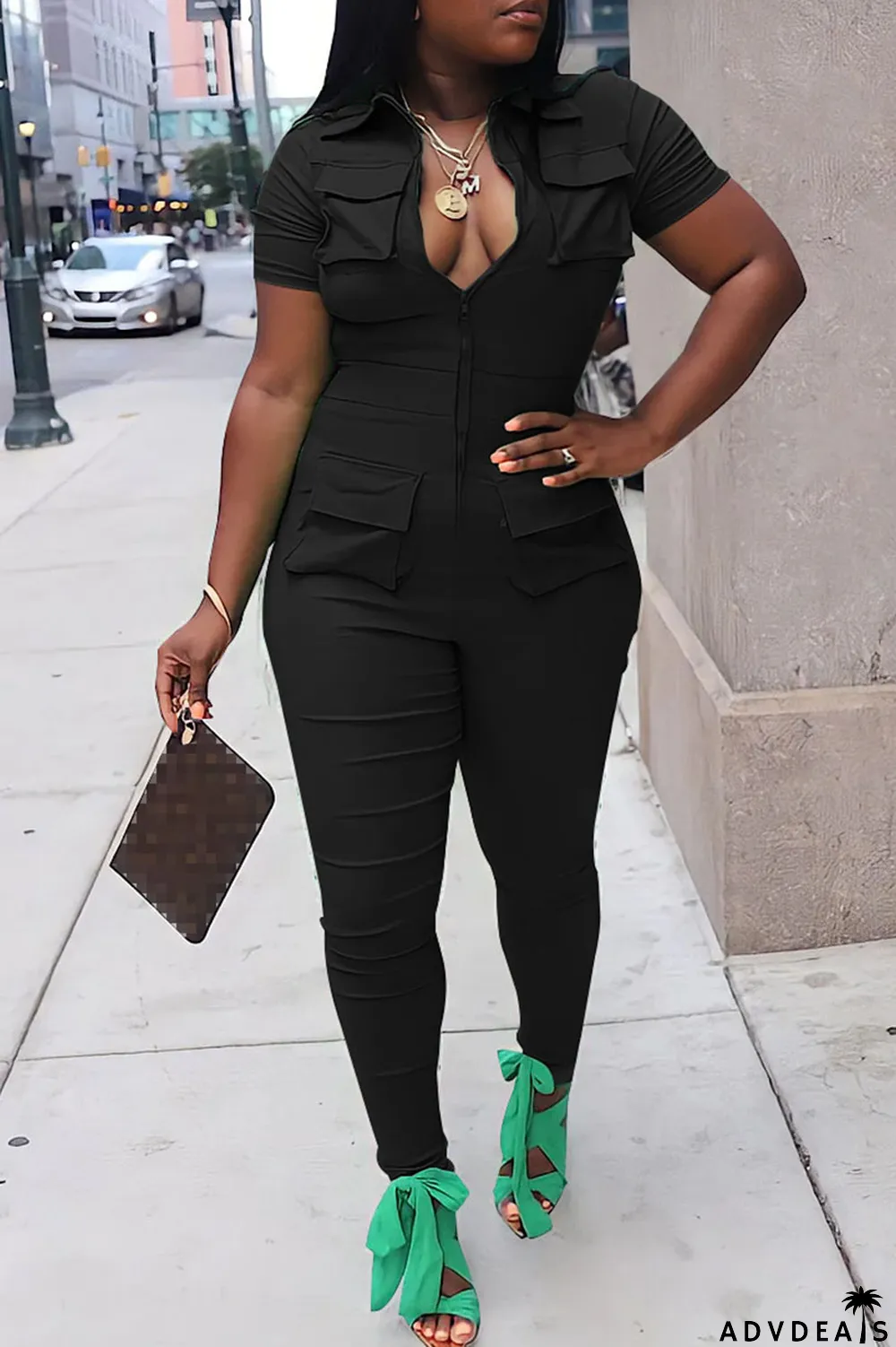 Army Green Street Solid Patchwork Pocket Zipper Collar Skinny Jumpsuits