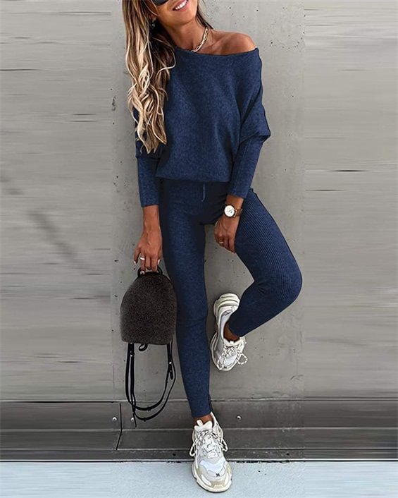 Women's Casual lace-up oblique shoulder sports suit knitting oversize Two-piece Outfits MusePointer