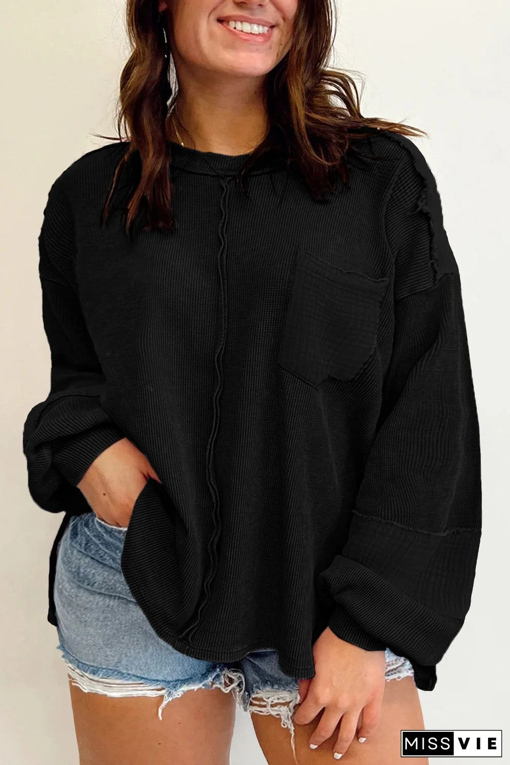 Plus Size Exposed Seam Crinkle Patchwork Top