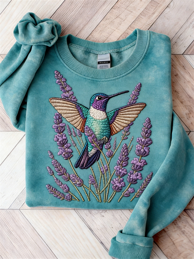 Humming Bird & Lavender Floral Washed Sweatshirt wearshes