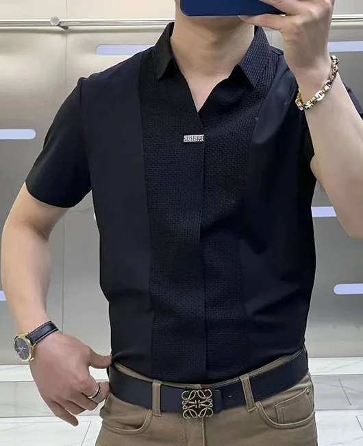 Business Casual Patchwork Lapel Textured Polo Shirt 