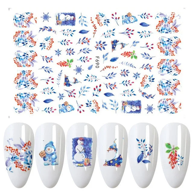 Merry Christmas 3D Nails Sticker Winter Cute Cartoon Sliders Snowflake Elk Xmas Tree Decal UV Gel Polisn Manicures Foils Decor-Nail Inspo