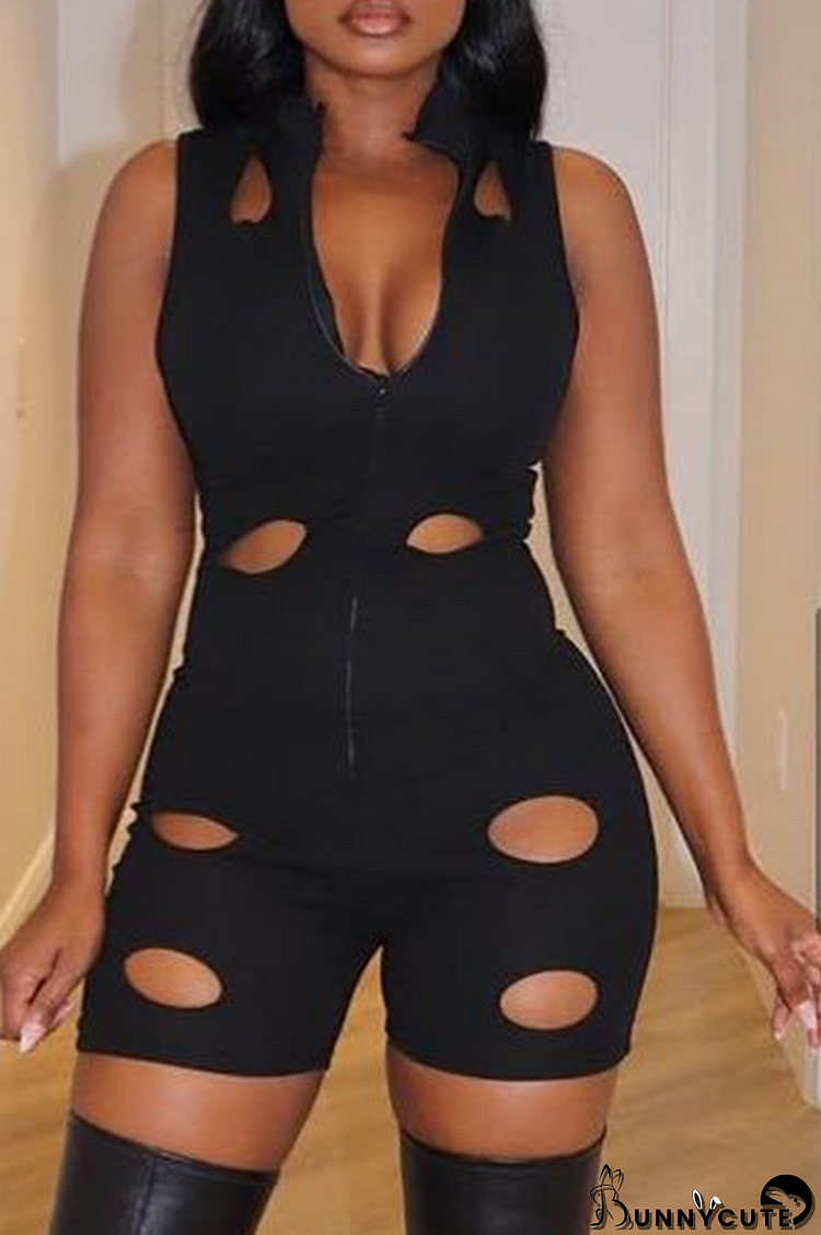 Black Sexy Solid Hollowed Out V Neck Skinny Jumpsuits