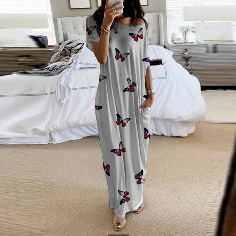 2020 Summer New Fashion Striped Strapless Dress Loose Round Neck Short Sleeve Long Dress Casual Elegant Moon Star Printing Dress