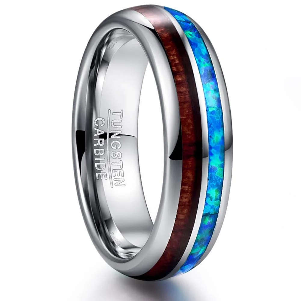 4MM 6MM 8MM 10MM Men Women Hawaiian Koa Wood and Blue Opal Inlay Tungsten Carbide Ring Mens Womens Domed Wedding Band Comfort Fit Couple Rings