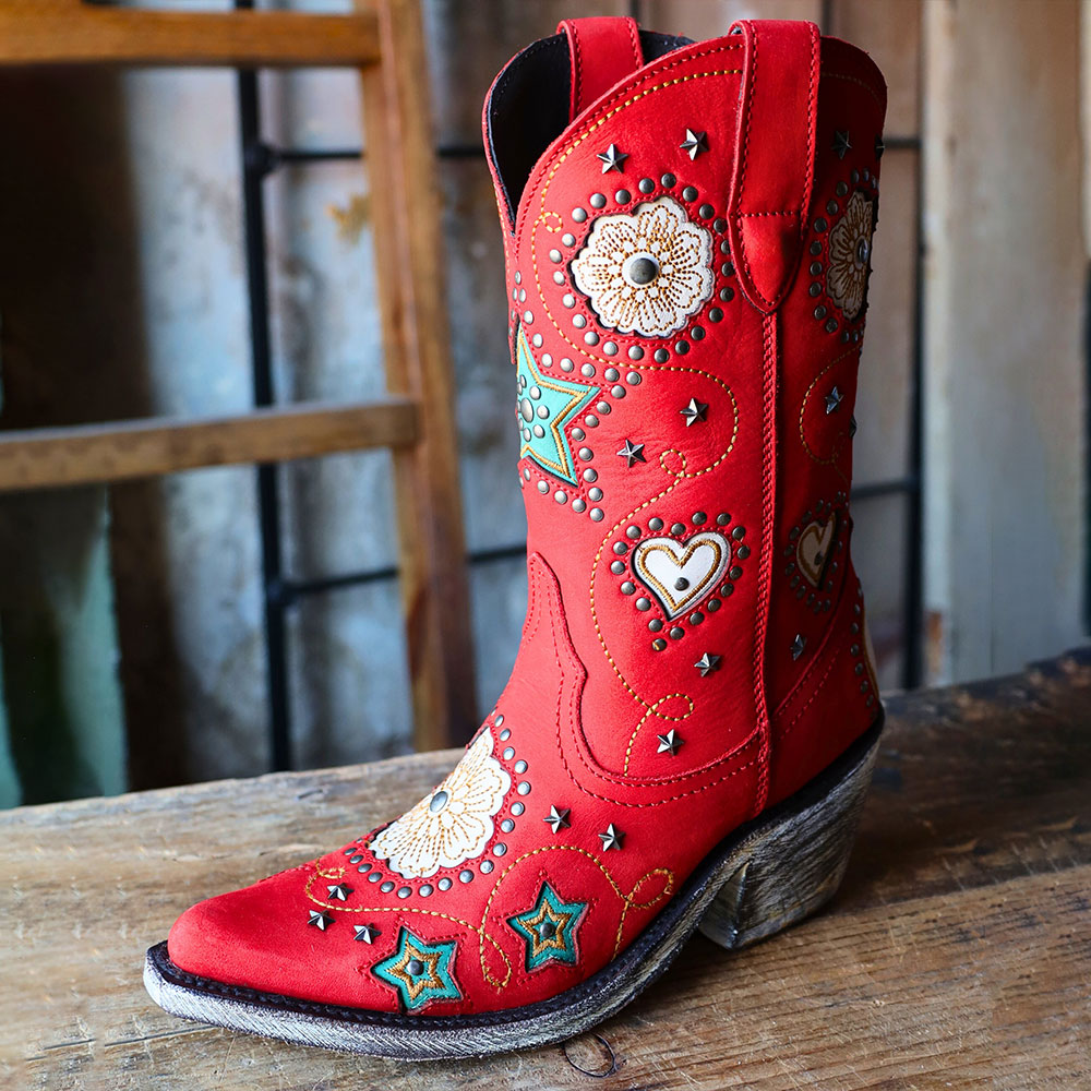 Red Snip Toe Studded Embroidered Mid-Calf Western Boots for Women