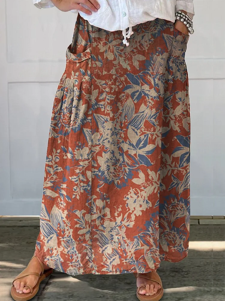 Women's  Floral  Art Print  Linen Pocket Skirt