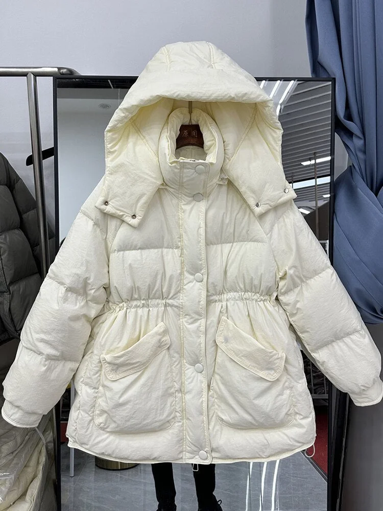 Nncharge New Winter Women Hooded Thick Warm White Duck Down Coat Casual Female Loose Zipper Pocket Snow Jacket Chic Outwear