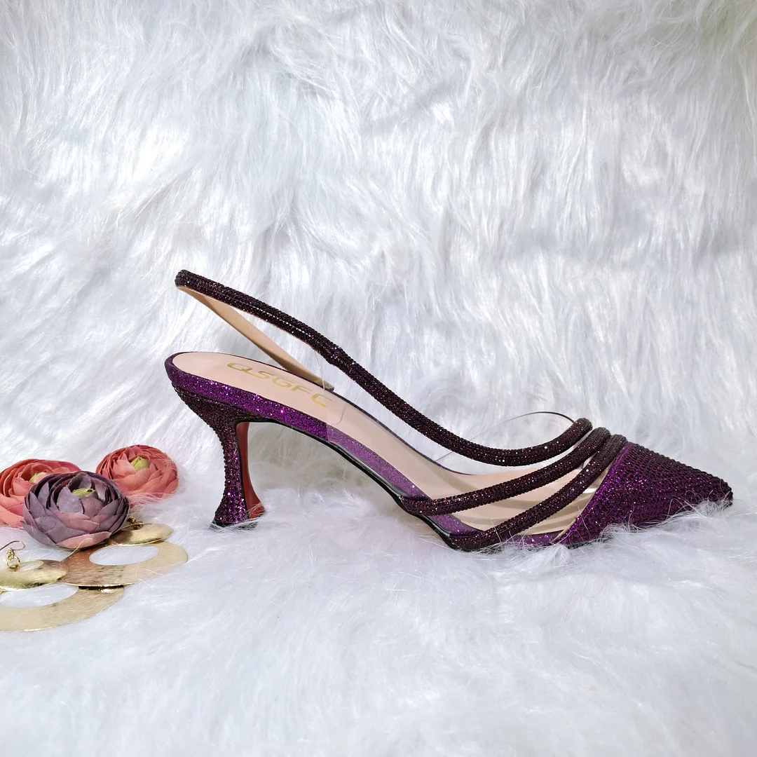 QSGFC 2022 Comfortable streamline pointed shiny Small drill shoes with bags banquet shoes and bags friends party shoes with bags