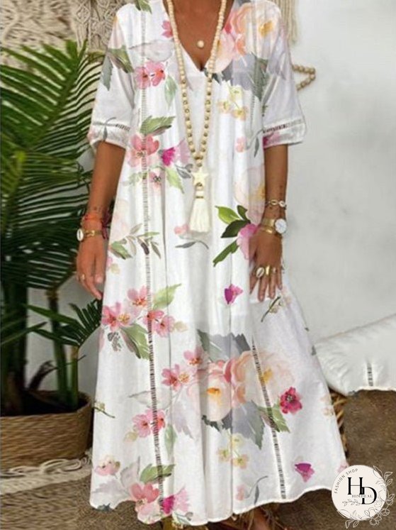Dresses Printed V-Neck Short Sleeve Casual Dress for Women