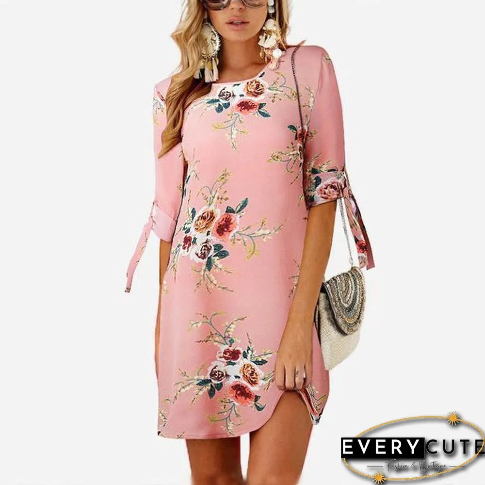 Women Chiffon Floral Print Mini Dress Boho Beach Half Sleeve Elegant Dress Black Dresses
