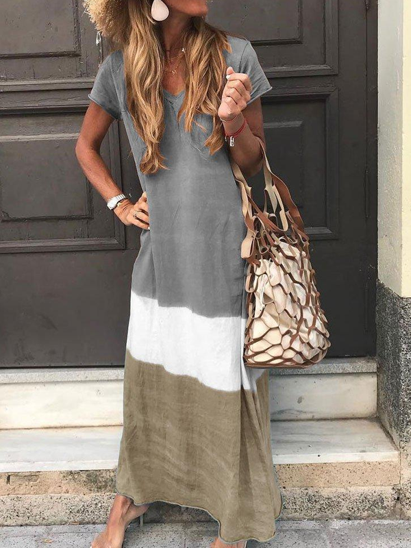 Long Stitched Multicolor V-Neck Short-Sleeved Maxi Dress