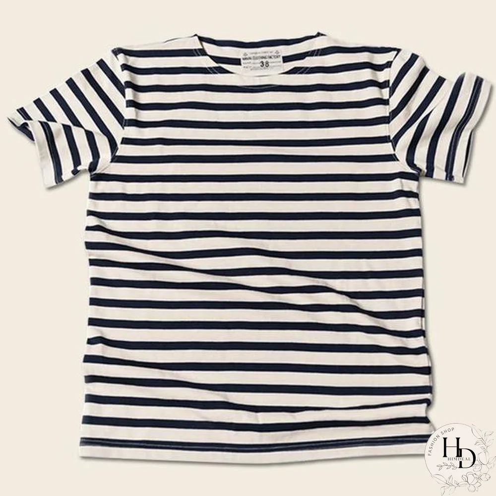 French Sailor Style Boat Neck Breton Striped Short-Sleeved T