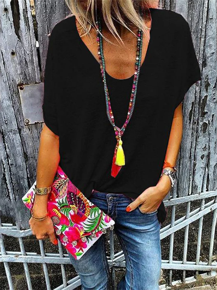 Women's New Summer V-neck Solid Color Short-sleeved T-shirt