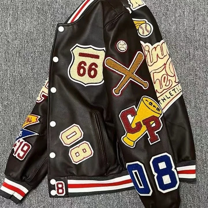 Multi-letter Embroidery Baseball Uniform Retro Leather Jacket at Hiphopee