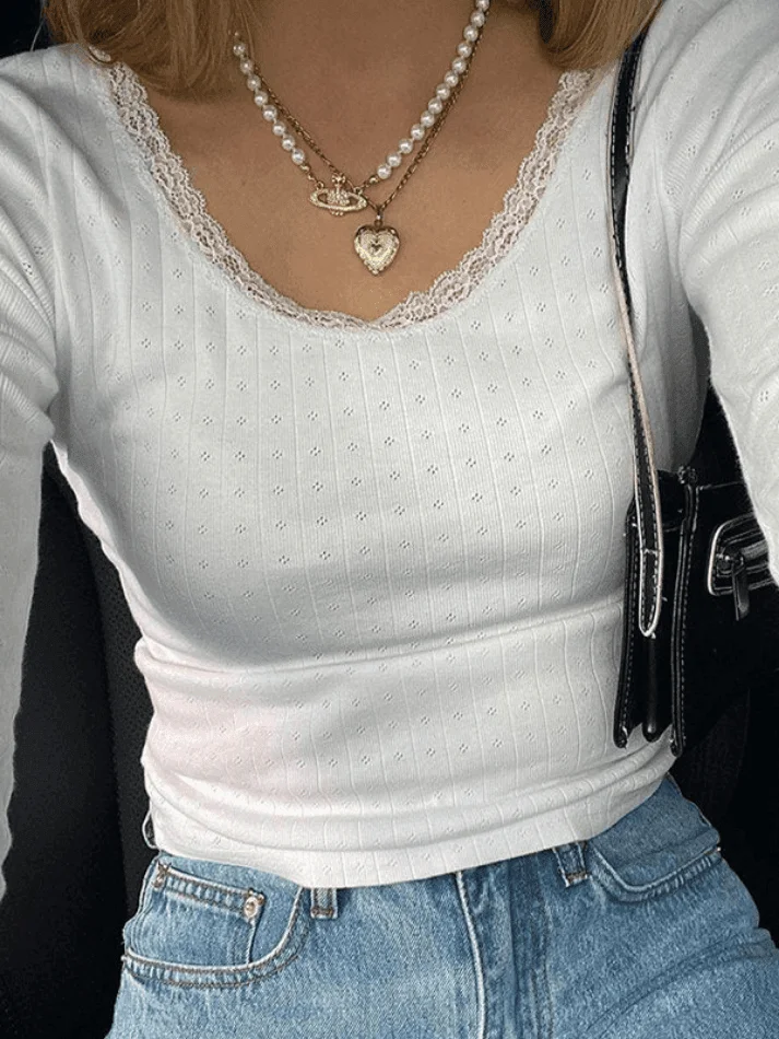 Brownm Lace Trim White Knit Top