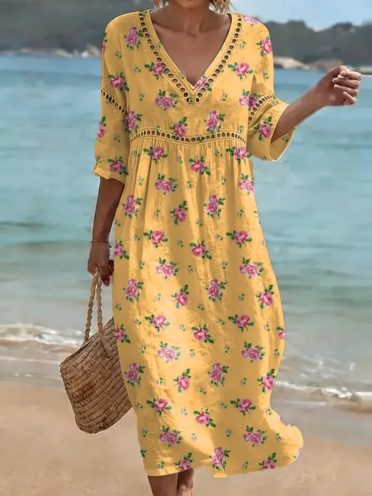 Women's Retro Floral Pattern Art Print Casual Stylish Cotton Linen Dress