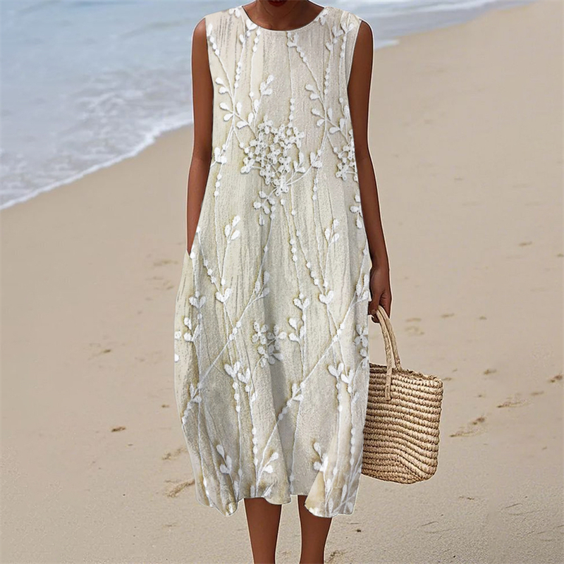 Comstylish Classy Floral Lace Embroidered Flowy Linen Tank Dress