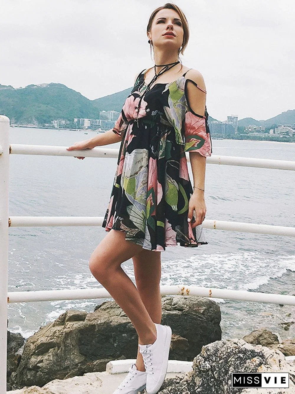 Lace Floral Printed Short Sleeve Mini Dress