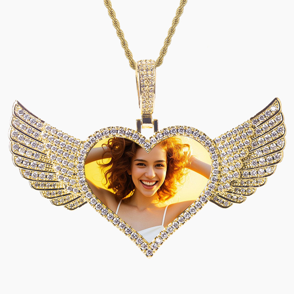 Gold Iced-Out Heart Wings Pendant