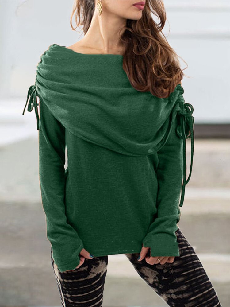 Solid Color Long Sleeve Drawstring T shirt For Women P1731276