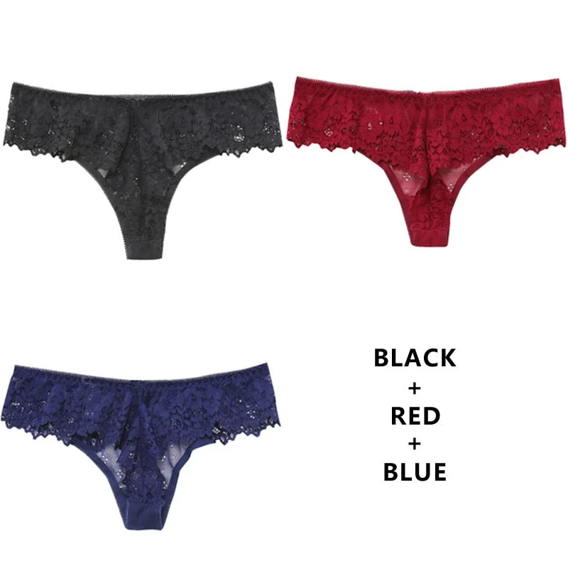 Meet'r 3Pcs/Lot Women Sexy Lace Lingerie Temptation Low-Waist Panties Embroidery Underwear Female Thong Transparent G String