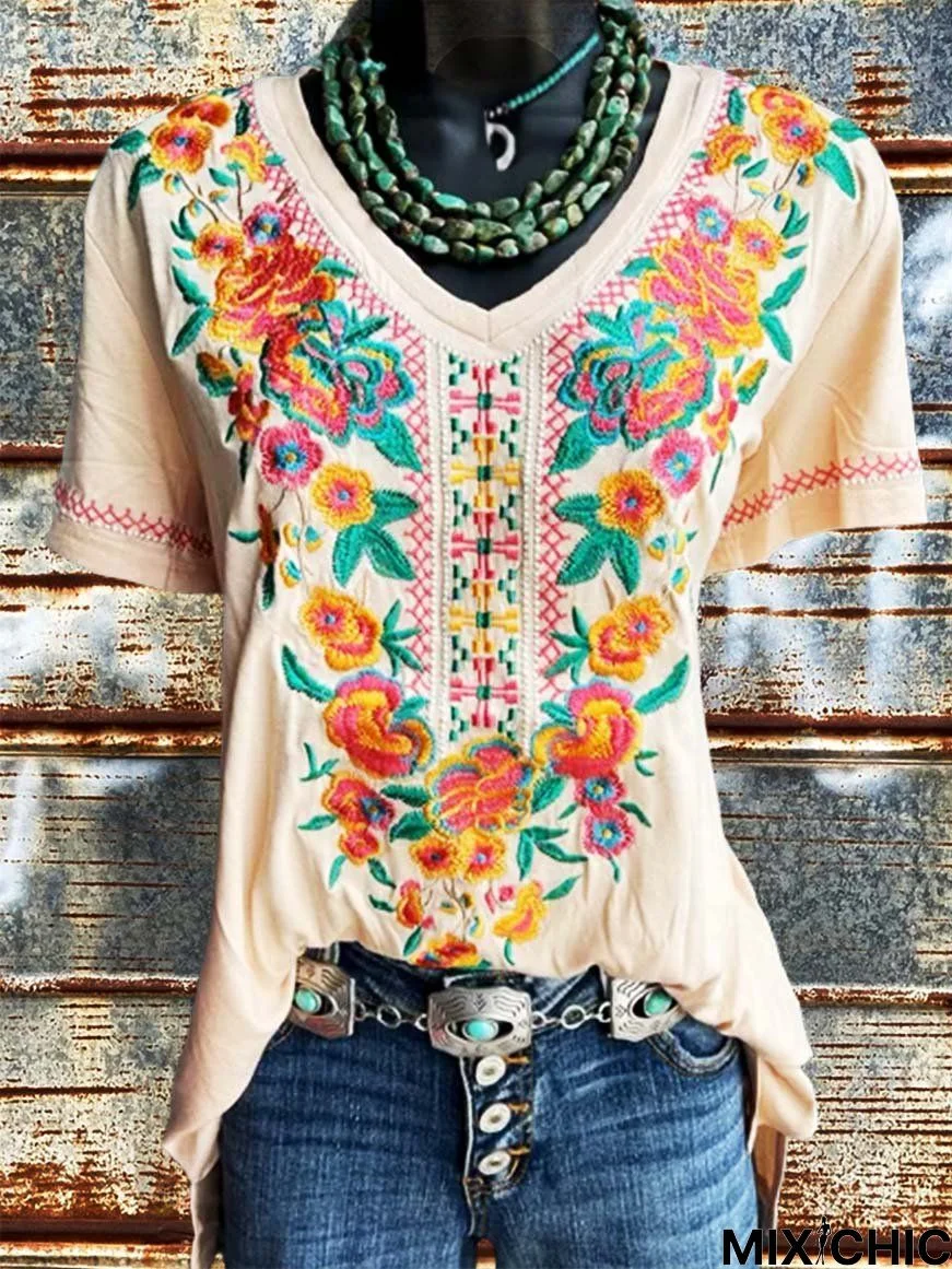 V Neck Casual Short Sleeve Floral T-shirt