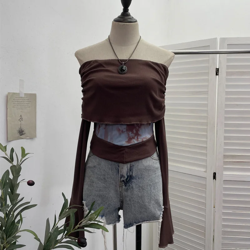 Uveng Real Shooting Maillard Wasteland Wind Word Shoulder Long-Sleeved Top Print Spliced Knitted Horn Sleeve Short T-Shirt 2663